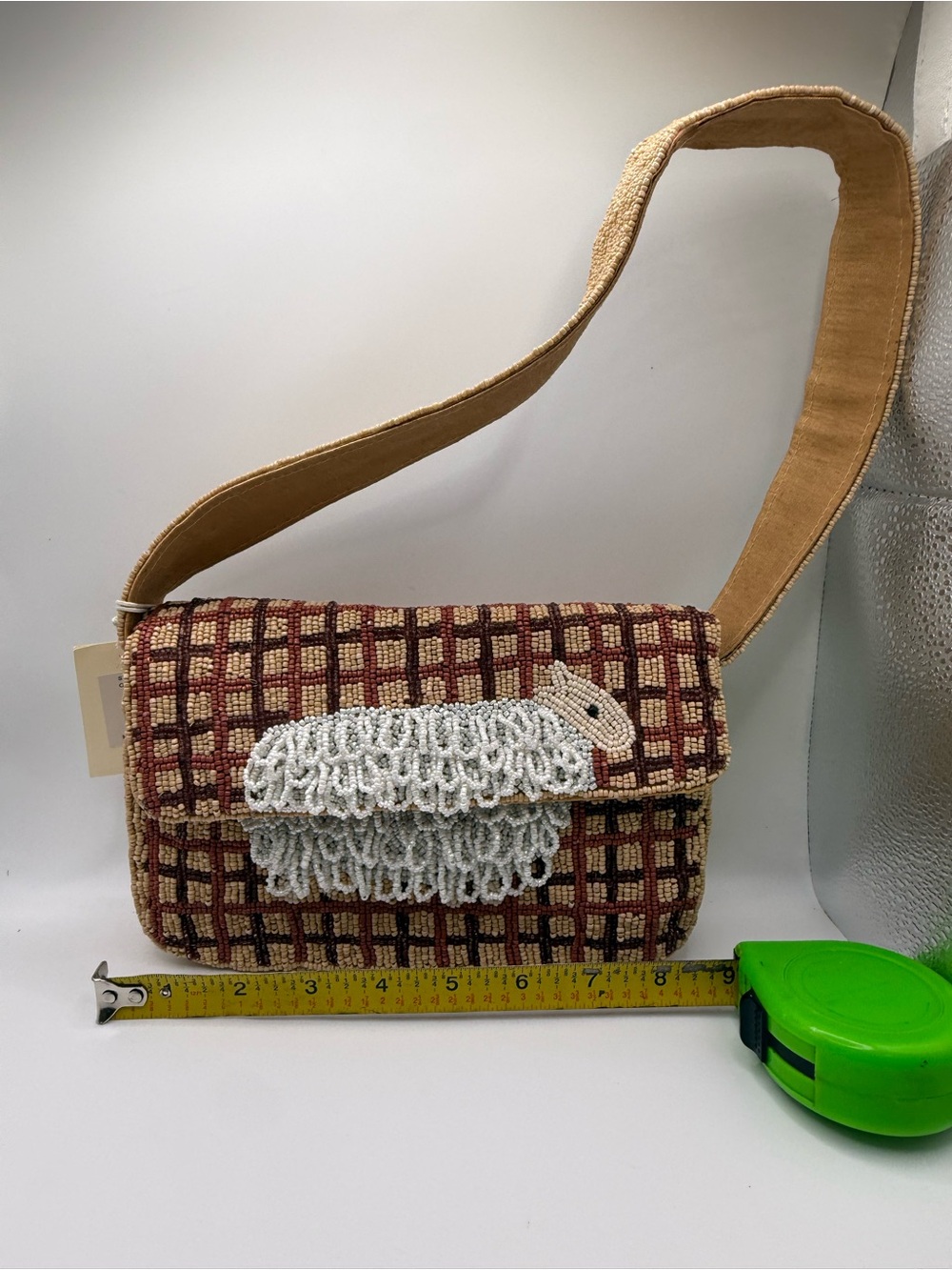 Woven Check Shoulder Bag with White Beaded Sheep Appliqué - Tan/Burgundy